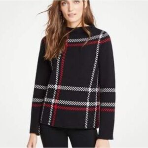 Ann taylor plaid houndstooth pullover crewneck sweater size small black red